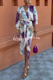 Luxury Party Satin Tie-dye Print Draped Slit Midi Skirt