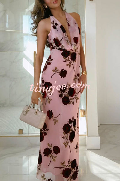 Rose Secret Printed Cowl Neck Halter Backless Maxi Dress