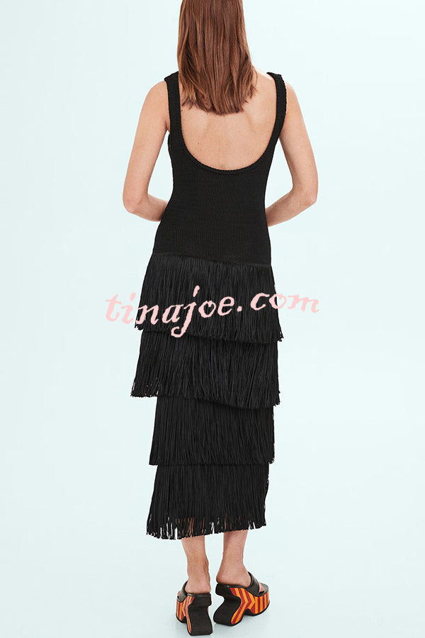 Solid Color Sleeveless Slim Fit Fringed Hem Knitted Midi Dress
