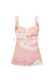 European Summer Linen Blend Ric Rac Trims Unique Print Button Tank