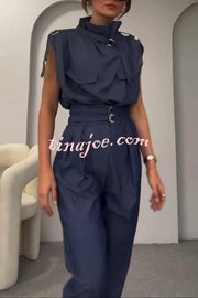 Statement Breast Pocket High Neck Top and Side Pocket Belt Long Pant Set