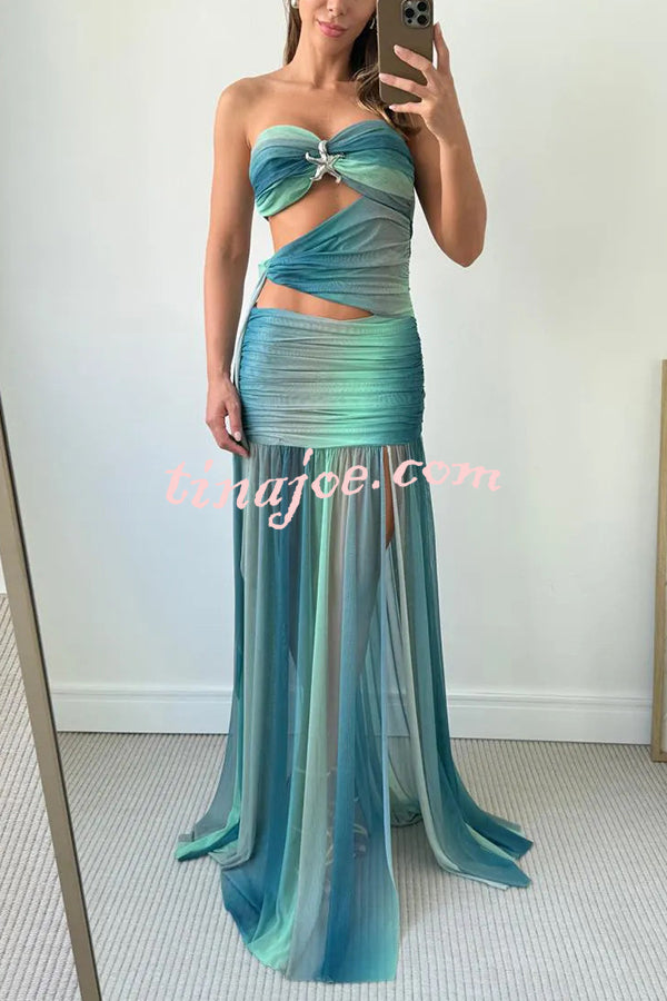 Soleil Mesh Printed Starfish Pendant Ruched Cutout Off Shoulder Maxi Dress