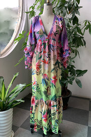 Jessy Tropical Print Tiered Ruffle Balloon Sleeve Vacation Maxi Dress