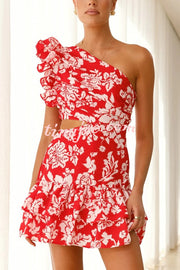 Floral Print One-shoulder Ruffled Waist Cutout Mini Dress