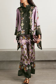 Satin Unique Print Loose Batwing Sleeve Top and Elastic Waist Pocket Casual Wide-leg Pants Set