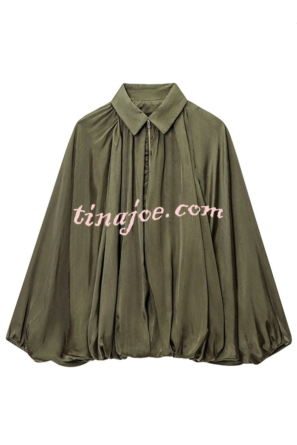 Fashion Lapel Loose Puff Long Sleeve Casual Zipper Jacket