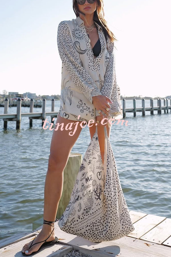 Live By Water Satin Unique Print Tassle Shirt and Elastic Waist Shorts Set