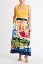 Seaside Holiday Satin Unique Print Knotted Scarf Top and Elastic Waist Loose Maxi Skirt Set