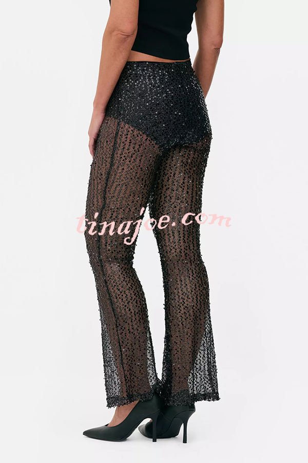 Gorgeous Looks Semi Sheer Sequin Elastic Waist Flare Pants