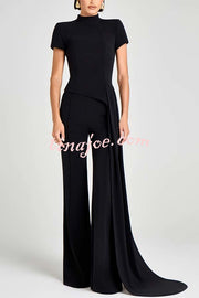 Pippa High Neck Short Sleeve Irregular Drape Hem Top and Elastic Waist Flare Pants Set