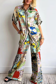 Linen Blend Lapel Short Sleeve Loose Top and Elastic Waist Casual Pocket Wide Leg Pants Set