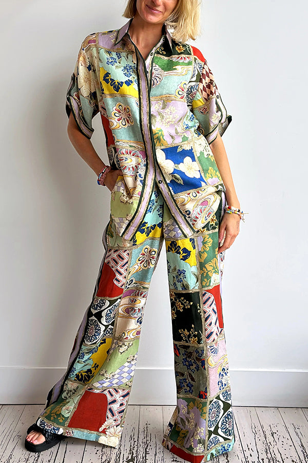 Linen Blend Lapel Short Sleeve Loose Top and Elastic Waist Casual Pocket Wide Leg Pants Set