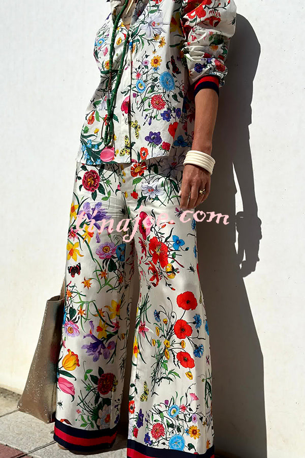 Fabulous Fiesta Satin Floral Unique Print Elastic Waist Pocketed Wide Leg Pants