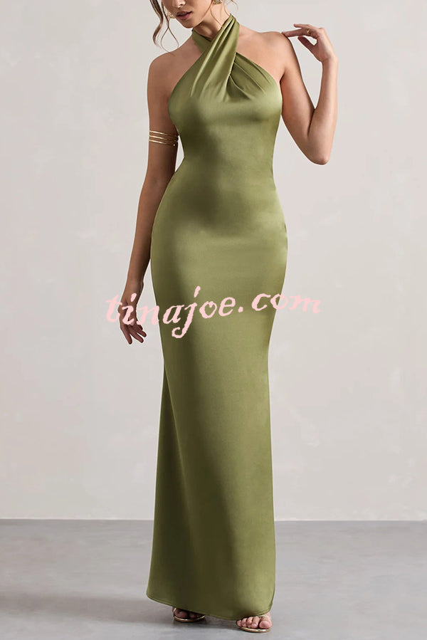Solid Color Halter Neck Tie Sexy Backless Slim Maxi Dress