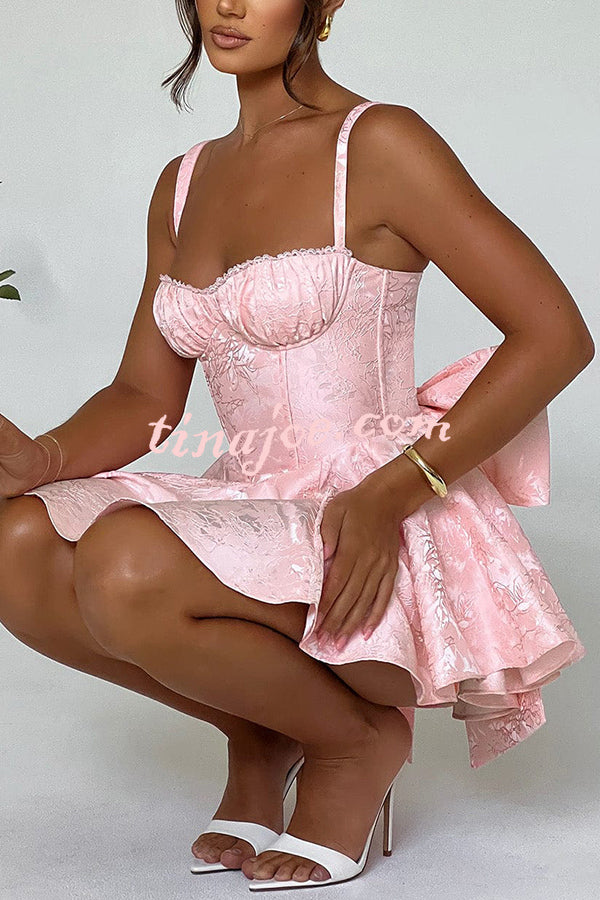 Jacquard Fabric Halter Back Elegant Bow Slim Fit Mini Dress