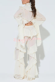 Fashionable Ruffled Elastic Waist Holiday Style Flared Pants