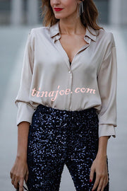 Living The Dream Satin Long Sleeve Button Relaxed Blouse