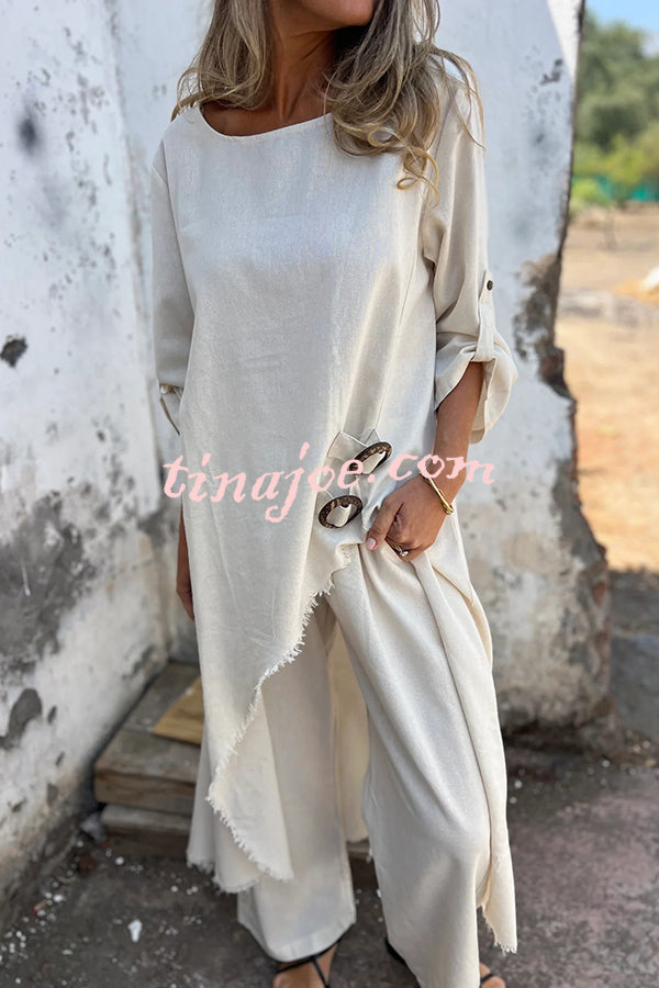 Jamilah Linen Blend Ring Detail Midi Blouse  and Elastic Waist Pocketed Loose Pants Set