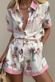 Plant Print Lapel Short Sleeves Loose Pocket Waist Tie Casual Rompers