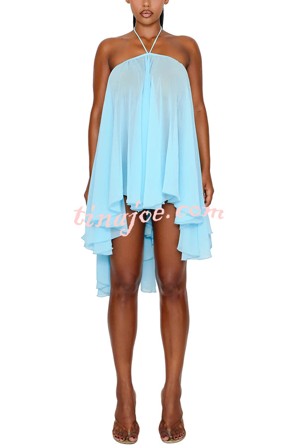 Chiffon Solid Color Halter Backless Irregular Mini Dress