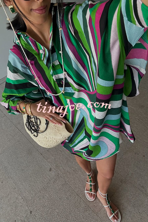 Lorrie Unique Print Button Slit Tie-up Sleeve Oversized Shirt Mini Dress