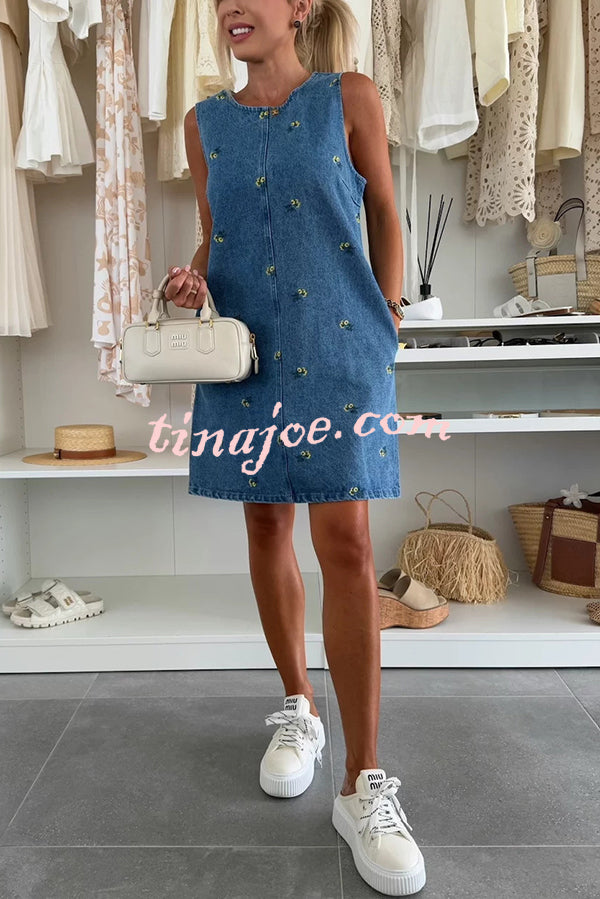 Floral Print Round Neck Sleeveless Loose Denim Mini Dress