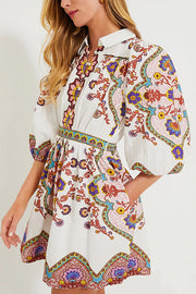 Fun and Vibrant Linen Blend Unique Print Puff Sleeve Pocketed Shirt Mini Dress