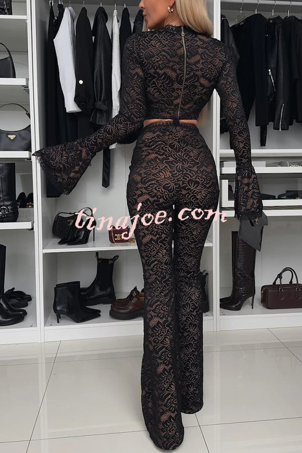 Sexy Charming Lace Bell Sleeve Crop Stretch Top and High Waist Stretch Flared Pants