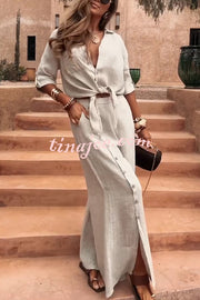 Solid Color Lapel Casual Button-down Shirt and Loose Pocket Slit Wide-leg Pants Set
