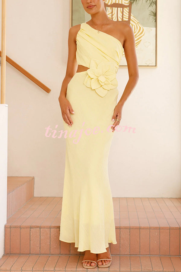 Bloom Summer 3d Flower Ruched One Shoulder Cutout Maxi Dress