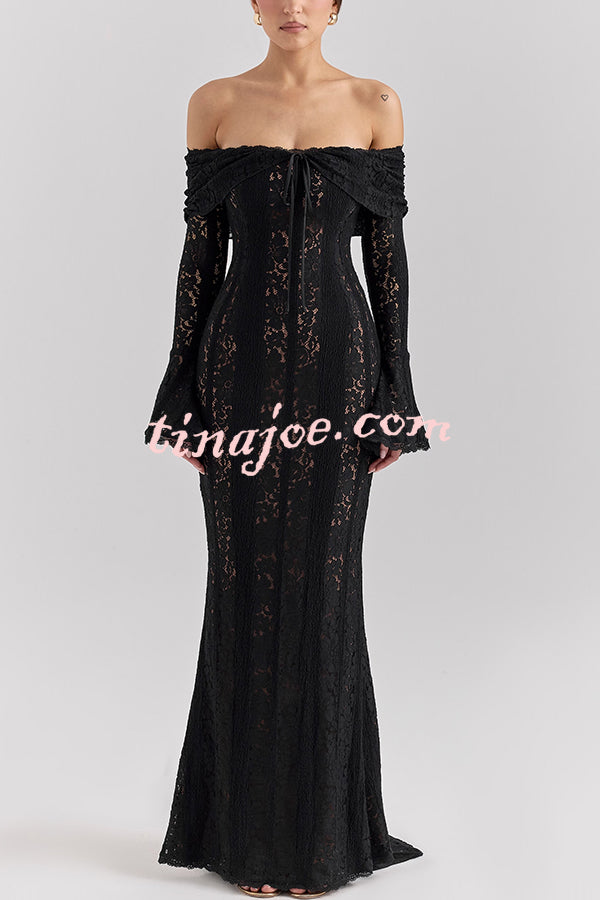 Outline The Curve Floral Lace Off Shoulder Bell Sleeve Stretch Maxi Dress