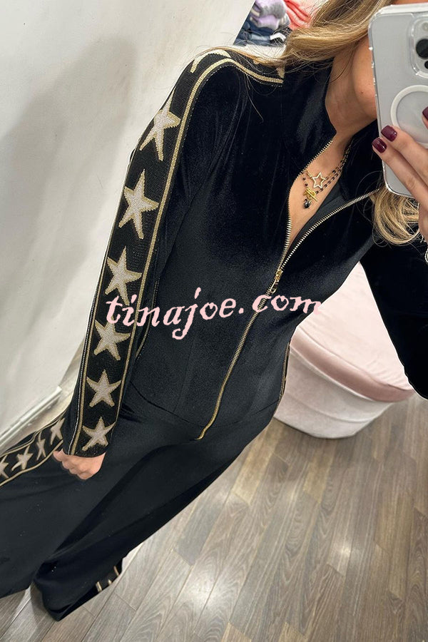 Star-print Velvet Patchwork Zipped Wide-leg Jumpsuit