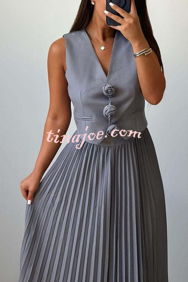 Stylish Rosette Sleeveless Tank Top and Pleated Maxi Skirt Set