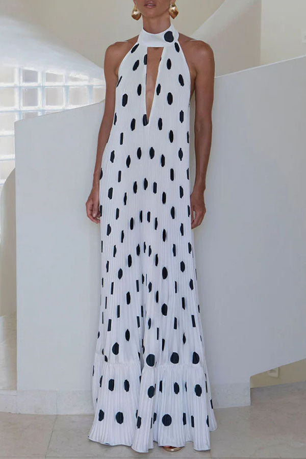 Really Special Pleated Polka Dot Print High Halter Neck A-line Maxi Dress