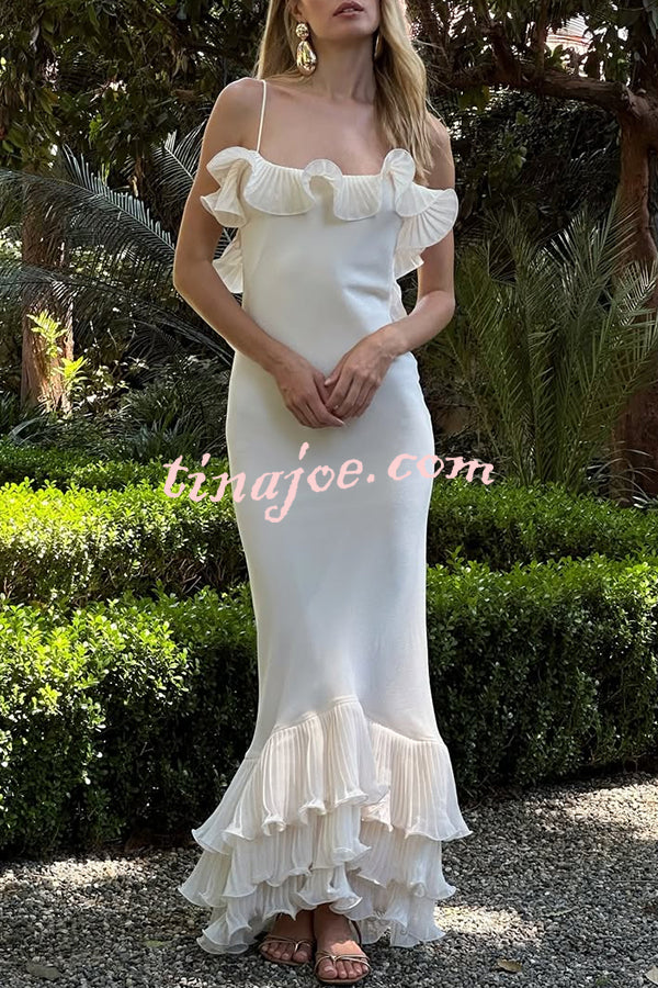 Alisin Pleated Chiffon Wavy Ruffles Trim Slip Maxi Dress