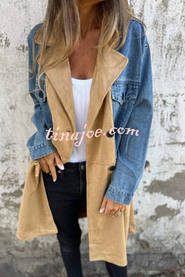 Fashion Lapel Long Sleeve Pocket Mid-length Denim Patchwork Jacket