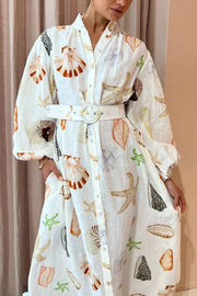 Swinton Marine Element Print  Pocket Balloon Sleeve Belted Maxi Dress