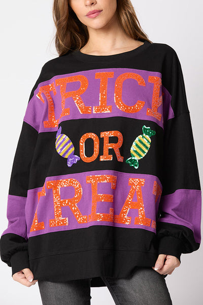 Halloween Letter Sequined Color Block Loose Casual Sweatshirt