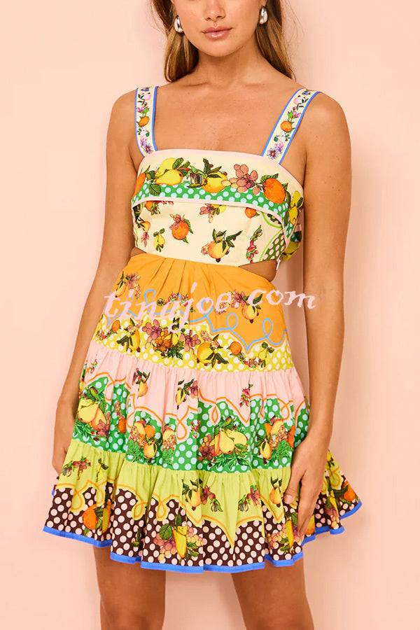 Sweet and Sour Summer Multicolor Lemon Print Pleated Hem Mini Dress