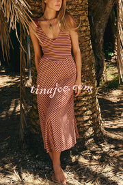 Striped Print V-Neck Lace-Up Backless Holiday Midi Dress