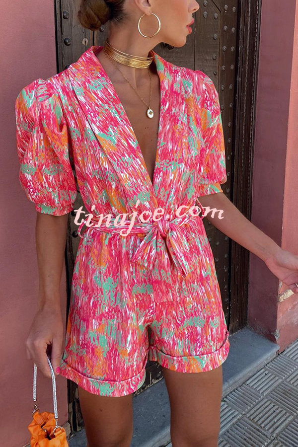 Joyful Smiles Printed Puff Sleeve Lapel Belted Romper