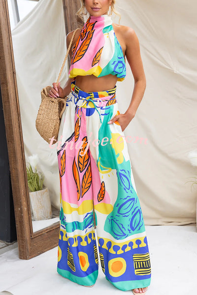 Maison Linen Blend Unique Print High Neck Top and Elastic Tie-up Waist Pocket Wide Leg Pants Set