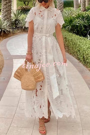 Dubai Style Floral Crochet Lace Short Sleeve Tie-up Shirt Maxi Dress