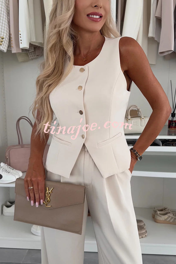 Workplace Chic Sleeveless Button Vest and Relaxed Pocket Wide Leg Pants Set