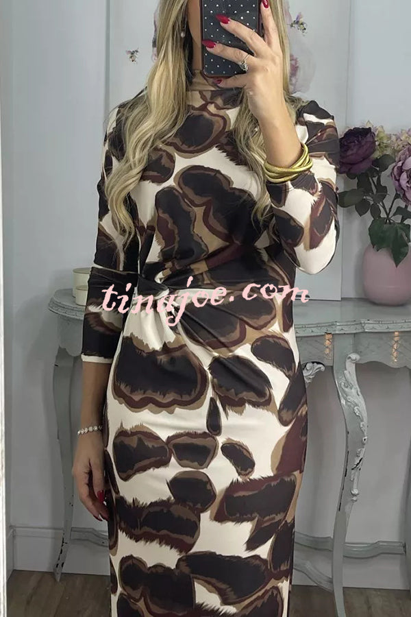 Kiele Unique Print Turtleneck Twist Detail Long Sleeve Stretch Midi Dress