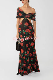 Rose Print Sexy Strapless Backless Slim Maxi Dress