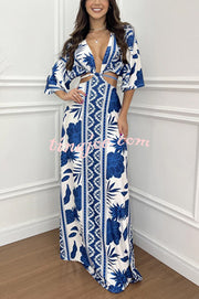 Wilma Unique Print Cutout Elastic Waist Tie-up Kimono Sleeve Maxi Dress