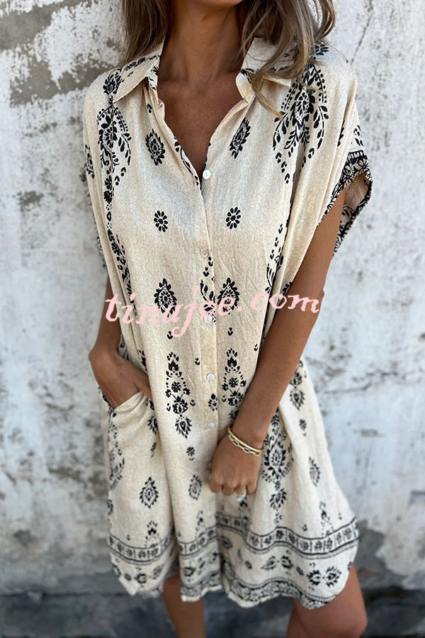 Linen Blend Unique Print Lapel Casual Pocket Mini Dress