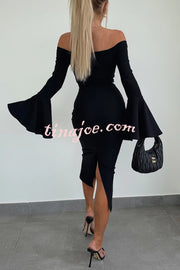 Solid Color Sexy Off-shoulder Trumpet Sleeve Slim Midi Dress