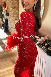 Sexy Long Sleeve Round Neck Feather Edge Rhinestone Decoration Slim Fit Maxi Dress